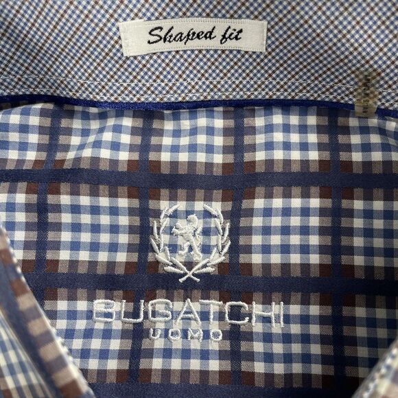 Bugatchi Mens Windowpane Plaid Long Sleeve Button Up Blue Brown- M - Picture 5 of 15